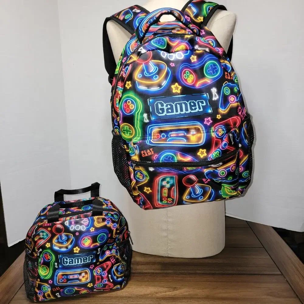 2 Pc Neon Lights Gamer Backpack + Matching Soft Lunch Box